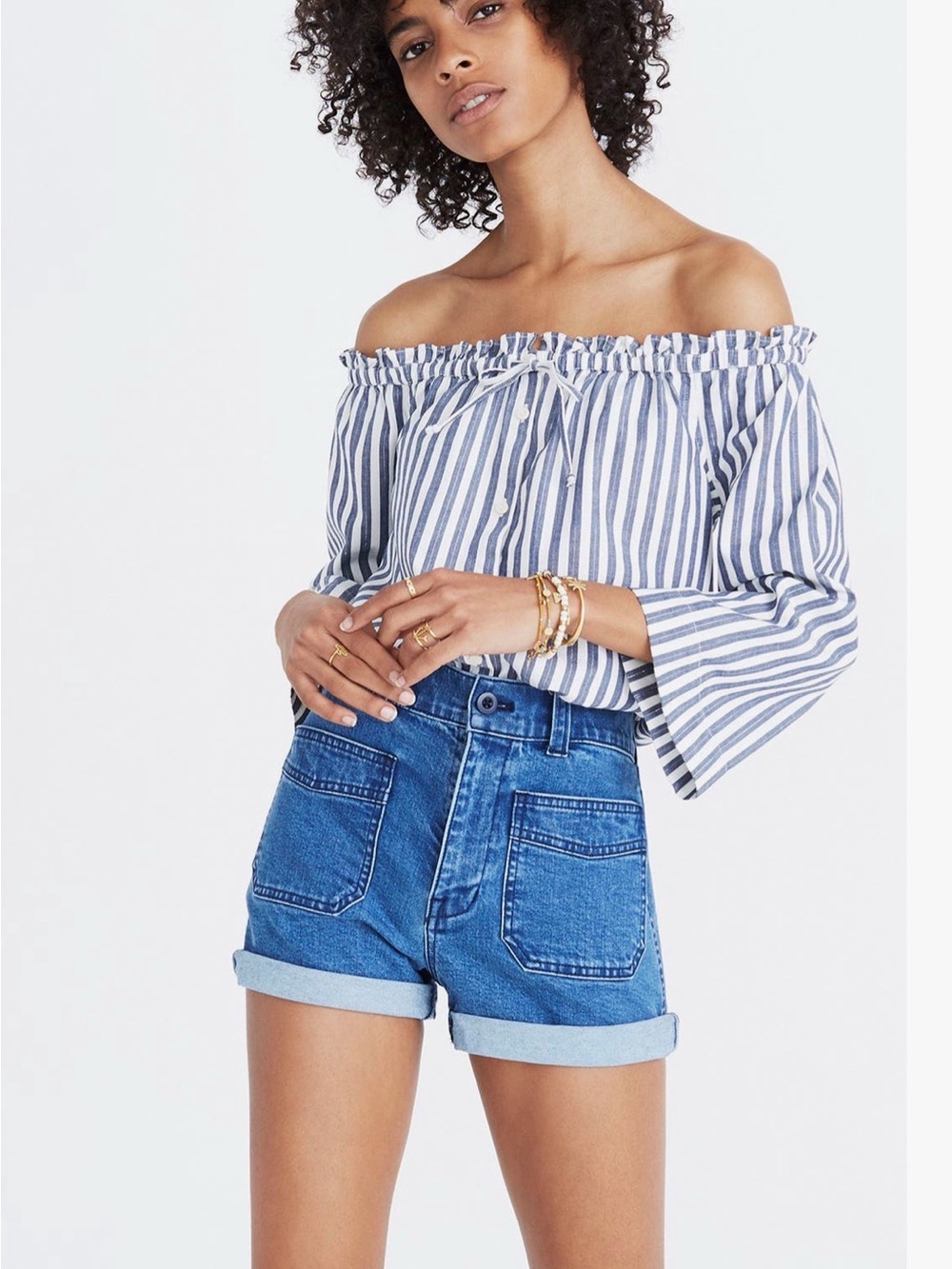 Madewell Navy and White Striped Off-Shoulder Top - Size S